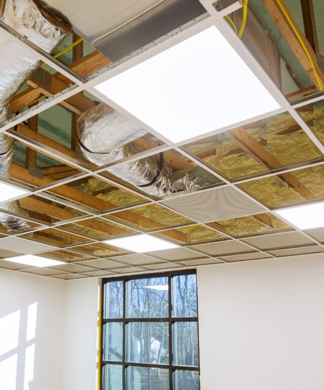 Air conditioning system attached to attic ceiling, foam plastic Insulation of a new home